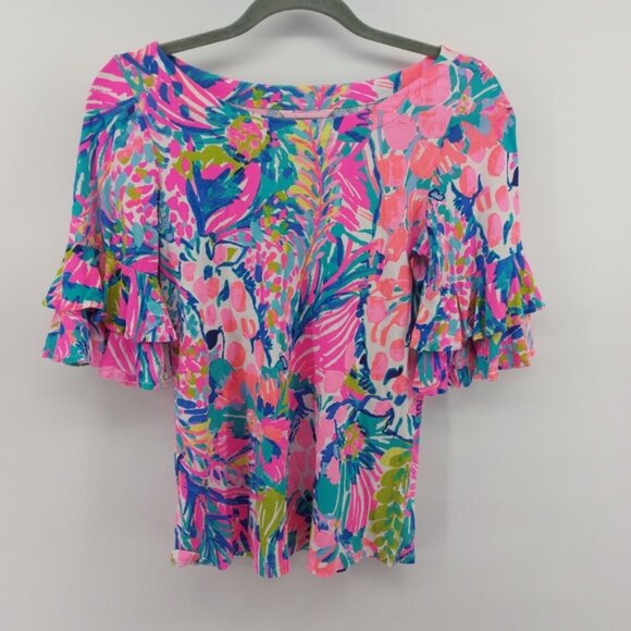 Lilly Pulitzer Lula Ruffle Sleeve Top in Gumbo Limbo Size Small - Picture 4 of 7